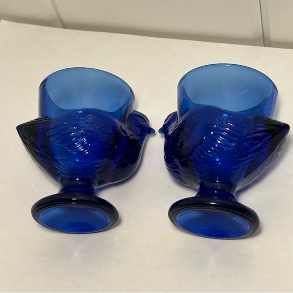 Arcoroc France Vintage Cobalt  Blue Glass Chicken Egg Cup Holders Hen On Nest 2 - Picture 5 of 16